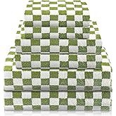 Kinlop 6 Pcs Checkered Bath Towels Set Coral Washcloth Quick Dry Patterned Thin Coral Fleece Hand Towel for Bathroom Back to School Gym Spa Beach Accessories(Green,Checkered)