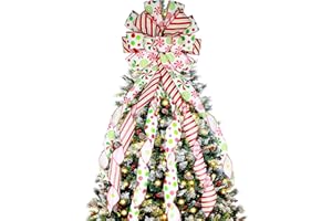 Fvviia Christmas Tree Topper Large Green Christmas Bow Tree Topper, Candy Stripe Red Green Dot Gift Bow for Xmas Tree Handmade Holiday Party Home Wedding Indoor/Outdoor Decorations -13 x 45 Inch