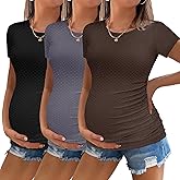Ekouaer Womens Maternity Shirts 3 Packs Round Neck Short Sleeve Side Ruched Swiss Dot T Shirt Tops S-XXL