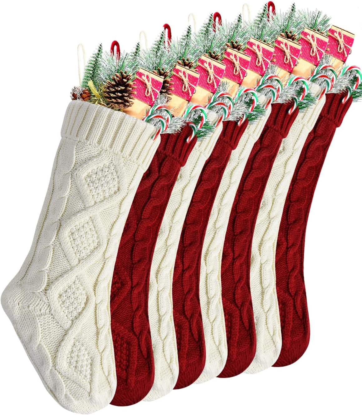 Stockings & Holders - Kunyida Christmas Stockings Bulk, Large 18 Inch Burgundy and Ivory Cable Knit Stocking for Xmas Holiday Decoration, 8 Pack