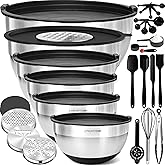 Priority Chef Stainless Steel Mixing Bowls with Lids Set - Premium 30Pcs with 6pc Metal Bowl Set for Kitchen, 3 Graters, Airtight Lids, Non-Slip Bases & Silicone Utensils, Black