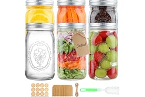 HWASHIN Wide Mouth Mason Jars 32 oz, 6 Pack Quart Canning Jars with Airtight Lids and Bands, Clear Glass Mason Jars for Canni