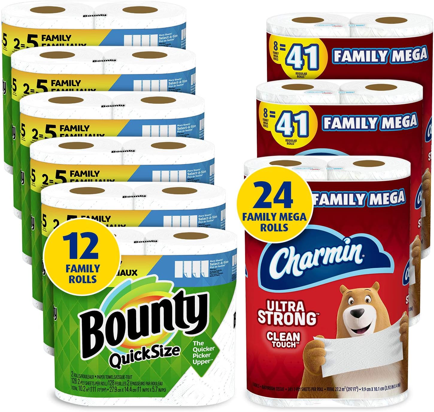 Charmin Ultra Strong Clean Touch Toilet Paper, 24 Family Mega Rolls and Bounty Quick-Size Paper Towels,12 Family Rolls, Bundle (Packaging May Vary)