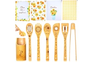 Karenhi 11 Pcs Sunflower Kitchen Decor Bamboo Cooking Spoons with Holder Farmhouse Sunflower Kitchen Towels Absorbent Decorative Dish Towels Sunflower Gifts for Women Housewarming Wedding Mom
