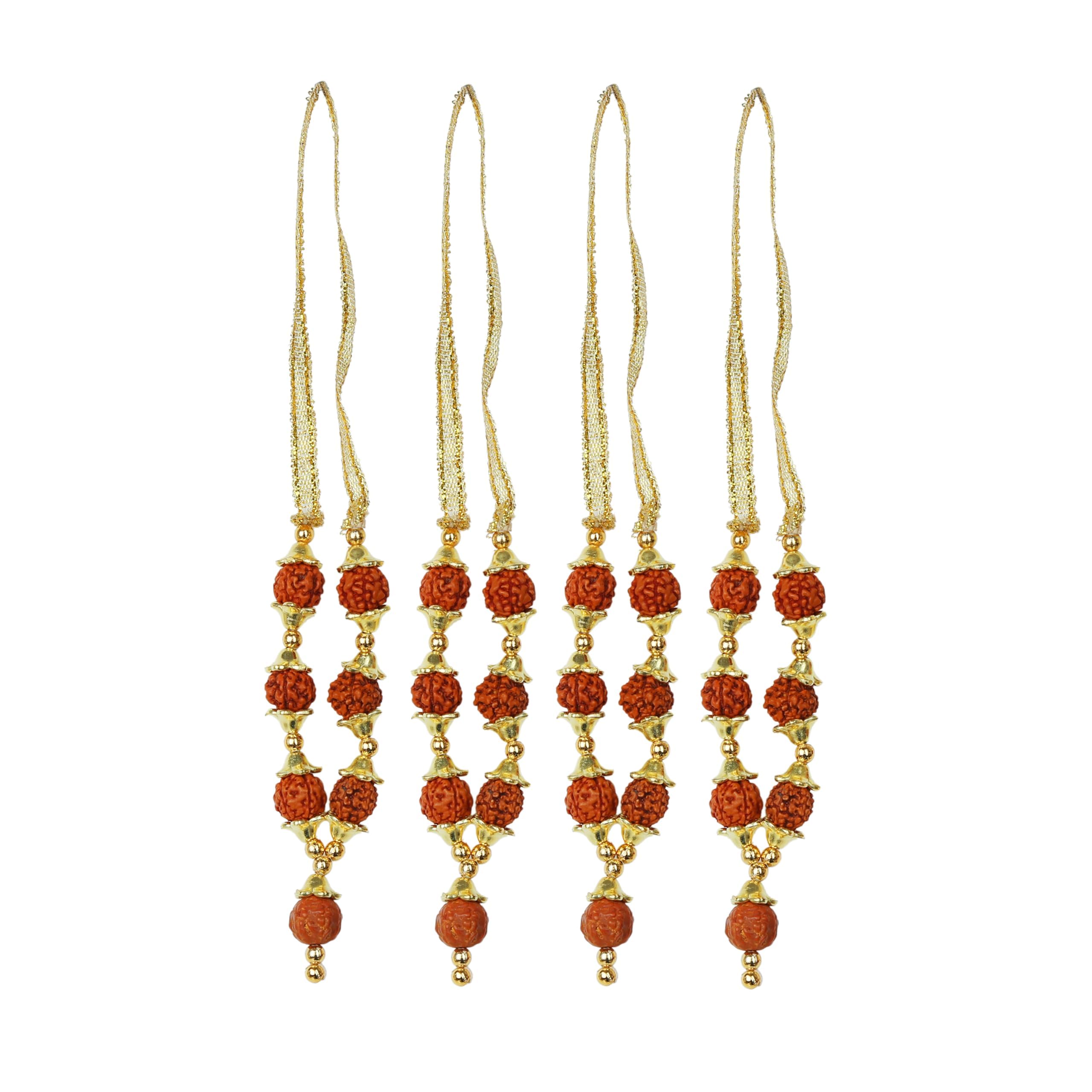 Set of 4 Rudraksha Mala Artificial Beaded Ribbon Garland Mala for Idol-Mala for God Statues Accessories Pooja Sringar Articles Ornament for Indian Traditional Holi Festival(Size:-2")(Brown,Golden)