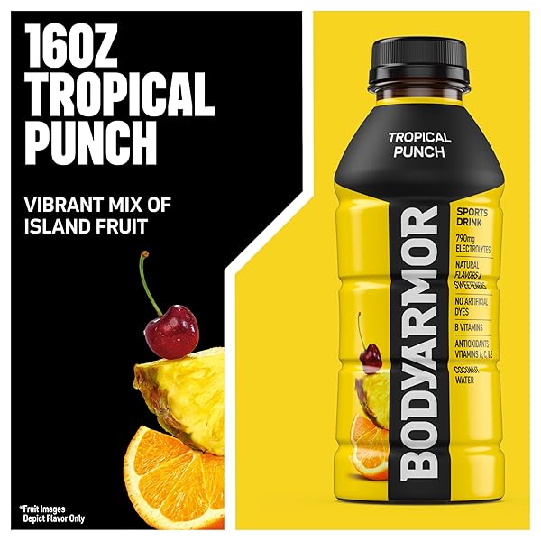 BODYARMOR SPORTS DRINK, TROPICAL PUNCH, ELECTROLYTE DRINK HYDRATION, 16 FL OZ BOTTLES (12 PACK), FLAVORED COCONUT WATER WITH B VITAMINS & ANTIOXIDANTS