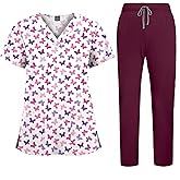ALIALAVESTA Printed Scrubs Medical Proffesional V Neck Short Sleeve Stretch with Drawstring Pants Functional Workwear