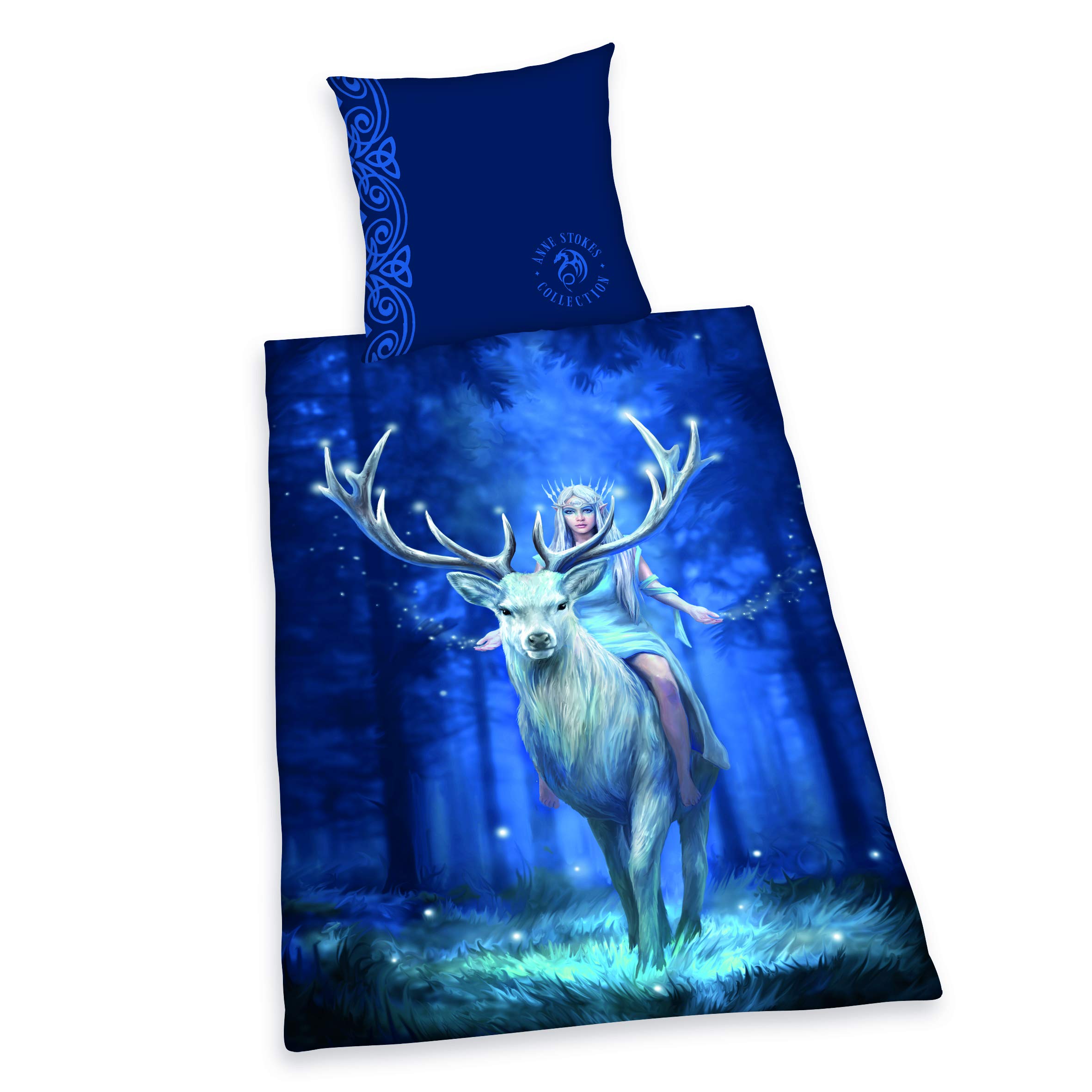 Herding Anne Stokes Bed Linen Set, Reversible Motif, Pillowcase 60 x 80 cm, Duvet Cover 140 x 200 cm, with Smooth Zip, Cotton/Renforcé