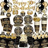 Yingoto 206pcs Black and Gold 50th Birthday Decorations for Him Complete Party Set, for 25 Guests, Disposable Happy 50th Plates, Napkins, Pre-strung Banner to 50 th Birthday Decorations for Men