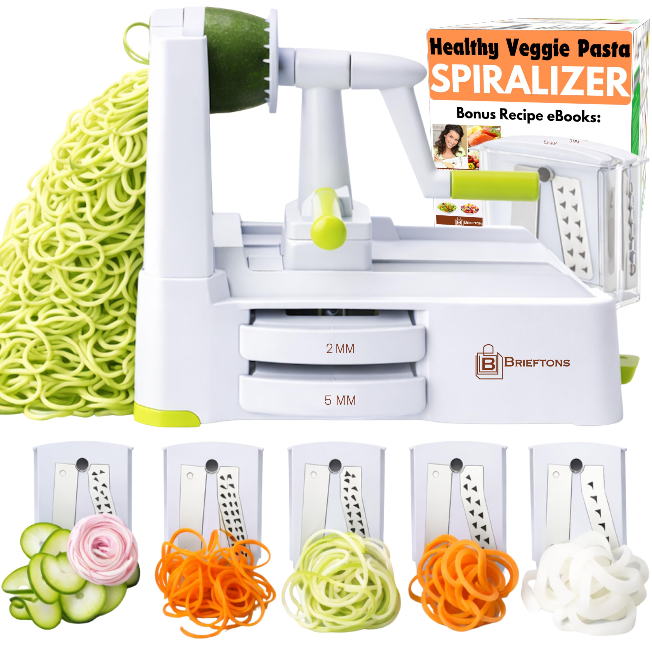 Brieftons 5-Blade Vegetable Spiralizer: Best Zucchini Spiral Slicer & Veggie Noodle Maker, Japanese Steel Blades, Strong Suction Cup, Blade Caddy, 4 Recipe eBooks | Low Carb, Vegan, Paleo, Gluten-Free