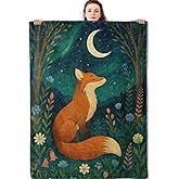 Mniedc Fox Moon Forest Blanket, Mystical Night Flannel Throw Blankets, 50"x60", Soft Warm Lightweight Fuzzy Cozy Throws for Couch Bed Sofa Living Room Decorative Gifts for Nature Lover Kids, Green