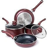 Moss & Stone 6 Pcs Nonstick Cookware Set, Pots And Pans Set Non stick With Glass Lid, Induction Cookware, Stay-Cool Handle PTFE/PFOA Kitchen Pots 6-Piece with Frying Pans & Saucepan, Burgundy