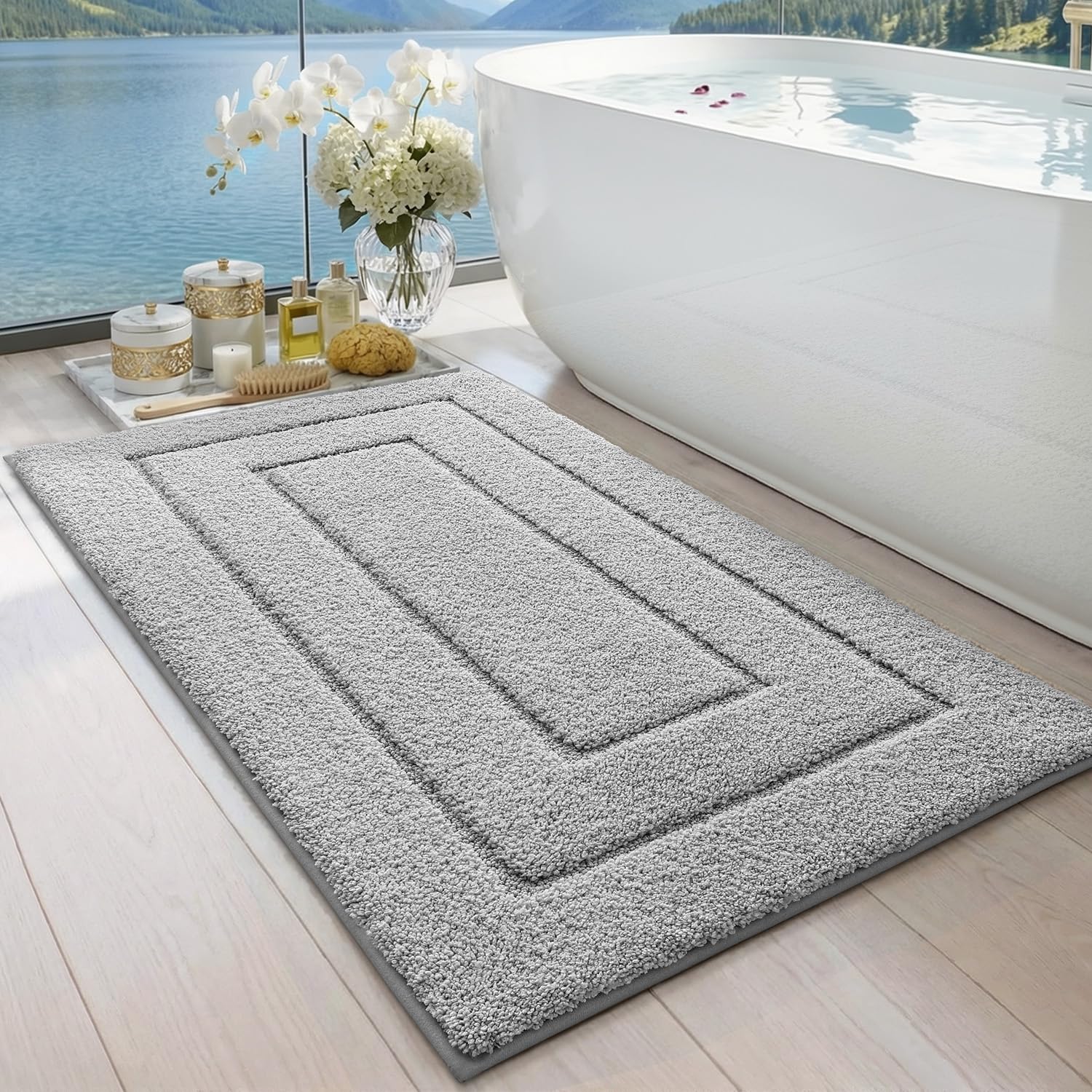 Photo 1 of DEXI Bathroom Rug 43x24, Non Slip Washable Bath Mat for Shower Floor, Extra Large Absorbent Soft Bathmat with Rubber Backing, Quick Dry Microfiber Carpet, Light Grey