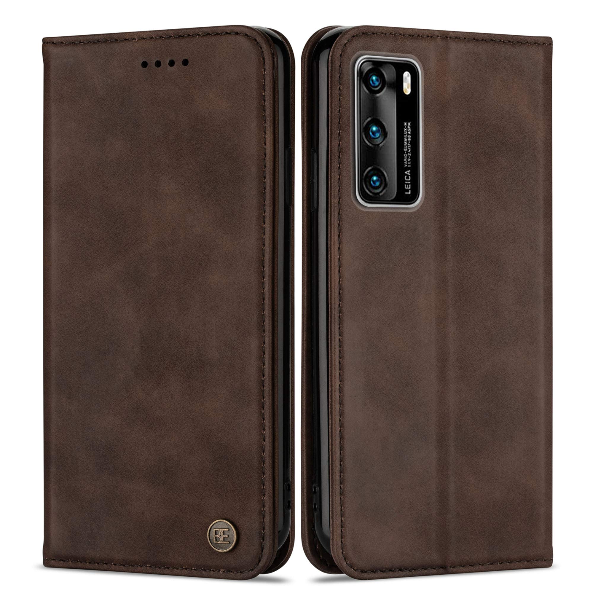 BE Cover for Huawei P40 4G (2021) Case Flip Leather Book Stand View Folio with Magnetic Closure & Card Slots Phone Full Wallet Smart Huawei P40 Cover Coffee