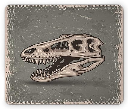 Dinosaur Mouse Pad, Vintage Style Dinosaur Skull Poster on Grungy Looking Background with Prints, Standard Size Rectangle Non