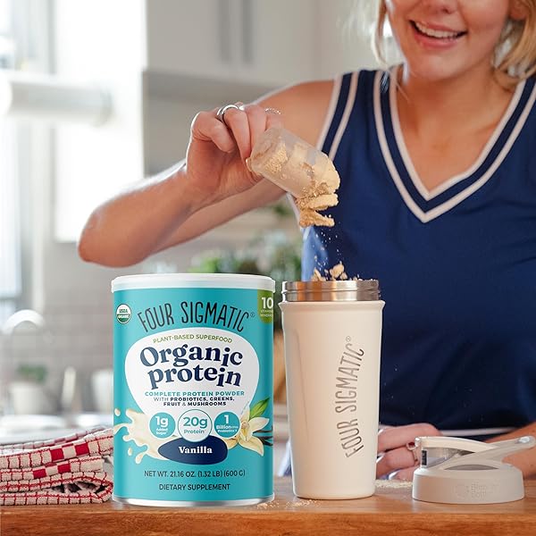 FOUR SIGMATIC ORGANIC VEGAN PROTEIN POWDER | 18G PLANT-BASED PROTEIN PER SERVING | GLUTEN FREE, DAIRY FREE, SOY FREE, NON-GMO WITH NO FILLER INGREDIENTS | 21.16OZ, 15 SERVINGS | VANILLA