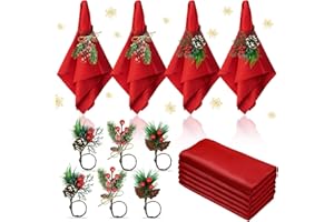 Korlon Tec 12Pcs Christmas Napkins and Ring Set 6Pcs Washable Red Christmas Napkins Cloth and 6Pcs Christmas Napkin Rings for Holiday Party Dinner Christmas Table Decorations