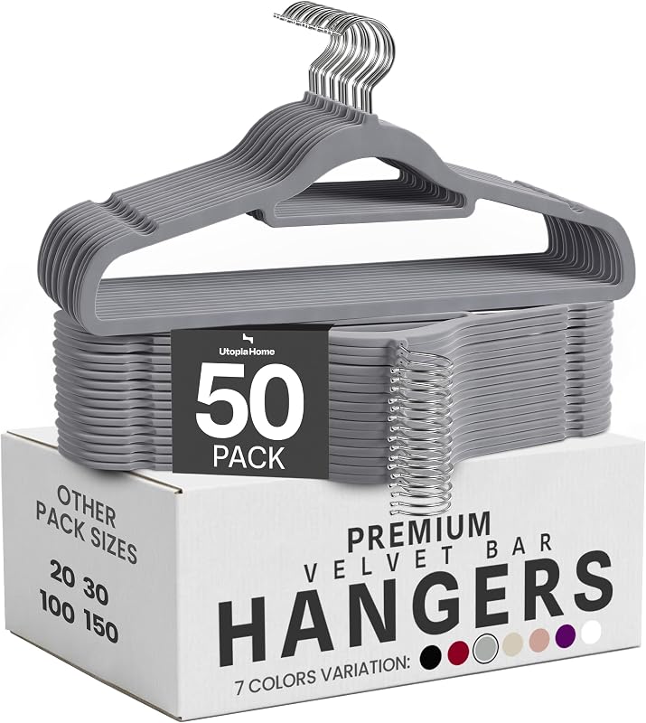 -Premium-Antirutsch-Kleiderbügel aus Samt - rutschfeste und strapazierfähige Kleiderbügel aus Samt mit Krawattenhalter - Stark genug, Jacken und Pullover zu halten (Grau, 50er-Pack)