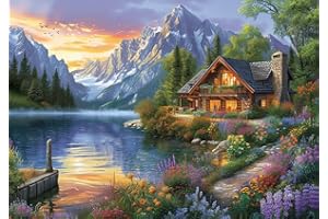 MOOHUE Needlepoint Kits 14ct Counted Cross Stitch Kits for Adults Mountains Lake Printed Stamped Cross Stitch Patterns Kits Cross Stitch Supplies (Mountains Lake House)