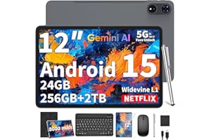 RELNDOO 2026 12 Inch Tablet, Android 15 Tablets with Keyboard, 24GB+256GB+2TB Expand, 2K Display, Tablet PC with 5G WiFi, Octa-Core, 8000mAh, BT5.0, GMS, GPS, 2 in 1 Tablets with Case, Mouse, Stylus(Black)