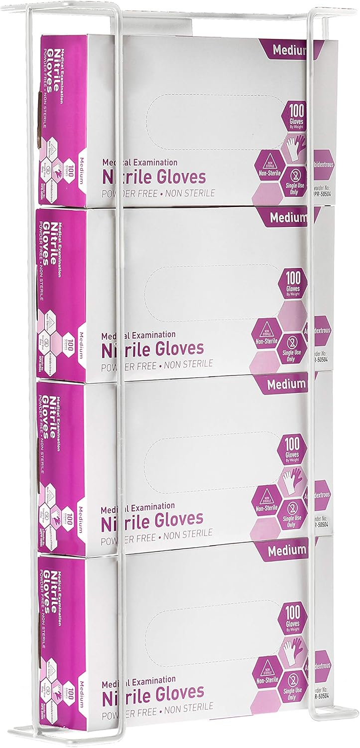 Alpine Industries Quadruple Box Wire Wall Mount Glove Dispenser - Mounted Storage Rack for Surgical Glovebox, Baby Wipes & Tissue Boxes - Hanging Organizer & Disposable Gloves Holder (White, 4 Box)