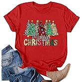 Christmas Tree Shirt for Women Merry Christmas Printed T-Shirts Leopard Plaid Short Sleeve Holiday Tee Xmas Gift Tops