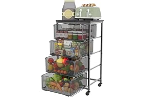 YOCIYOGA 4-Tier Fruit Vegetable Storage Cart - Kitchen Organizer and Storage Cart with Wheels, Wooden Top Metal Wire Fruit Vegetable Rack Stand with Drawers to Storage Onions Potatoes Cans Snacks for Kitchen