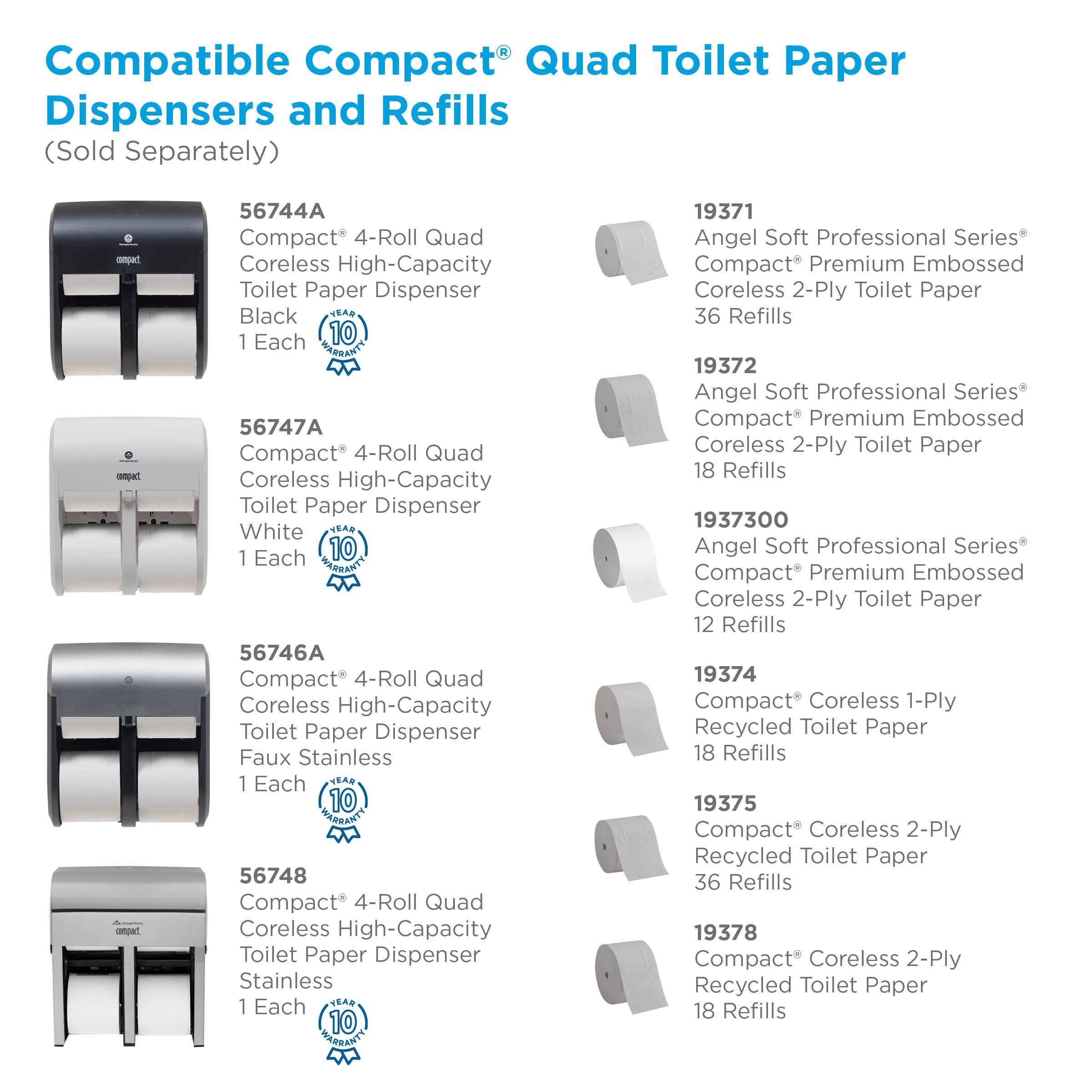 Compact 4Roll Quad Coreless HighCapacity Toilet Paper Dispenser by GP