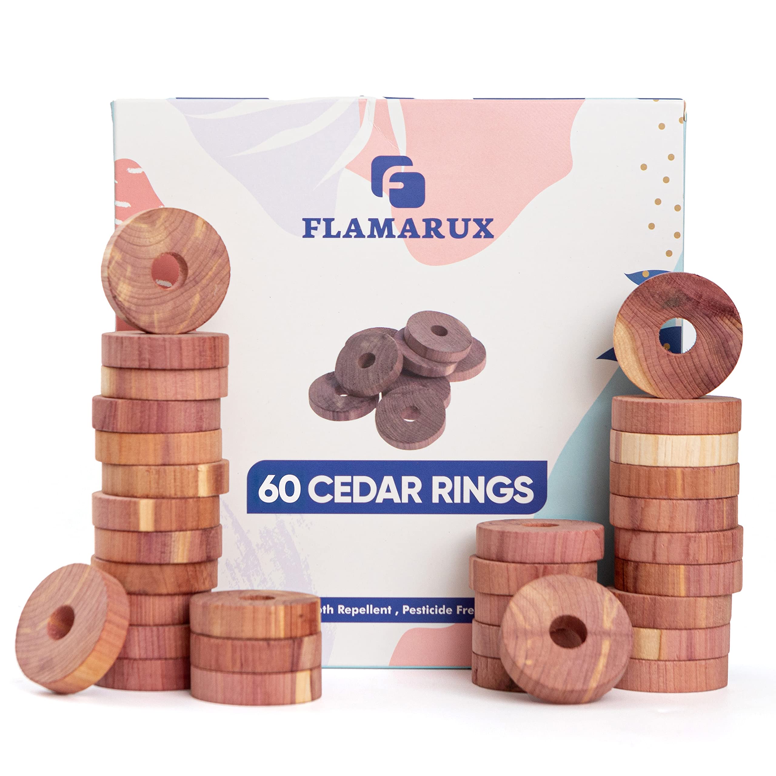 FLAMARUX 60 Pack Cedar wood Rings & 100% Moth Repellent for wardrobes, Anti moth products, Moth killer, Moth Protection,Wardrobe freshener,drawer&storage boxes, Substitute of moth balls