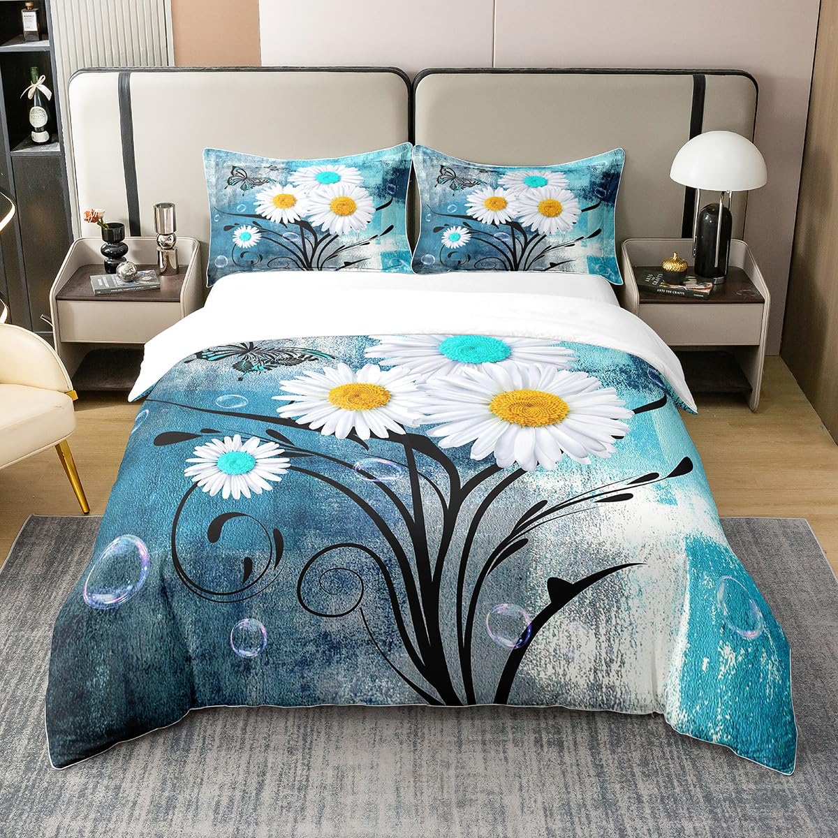 Daisy 100% Cotton Duvet Cover for Kids Adult,Teal Oil Painting Bedding Set Super King Size,Rustic Butterfly Floral Comforter Cover,Watercolor Botanical Flowers Bed Sets with 2 Pillowcases Room Decor