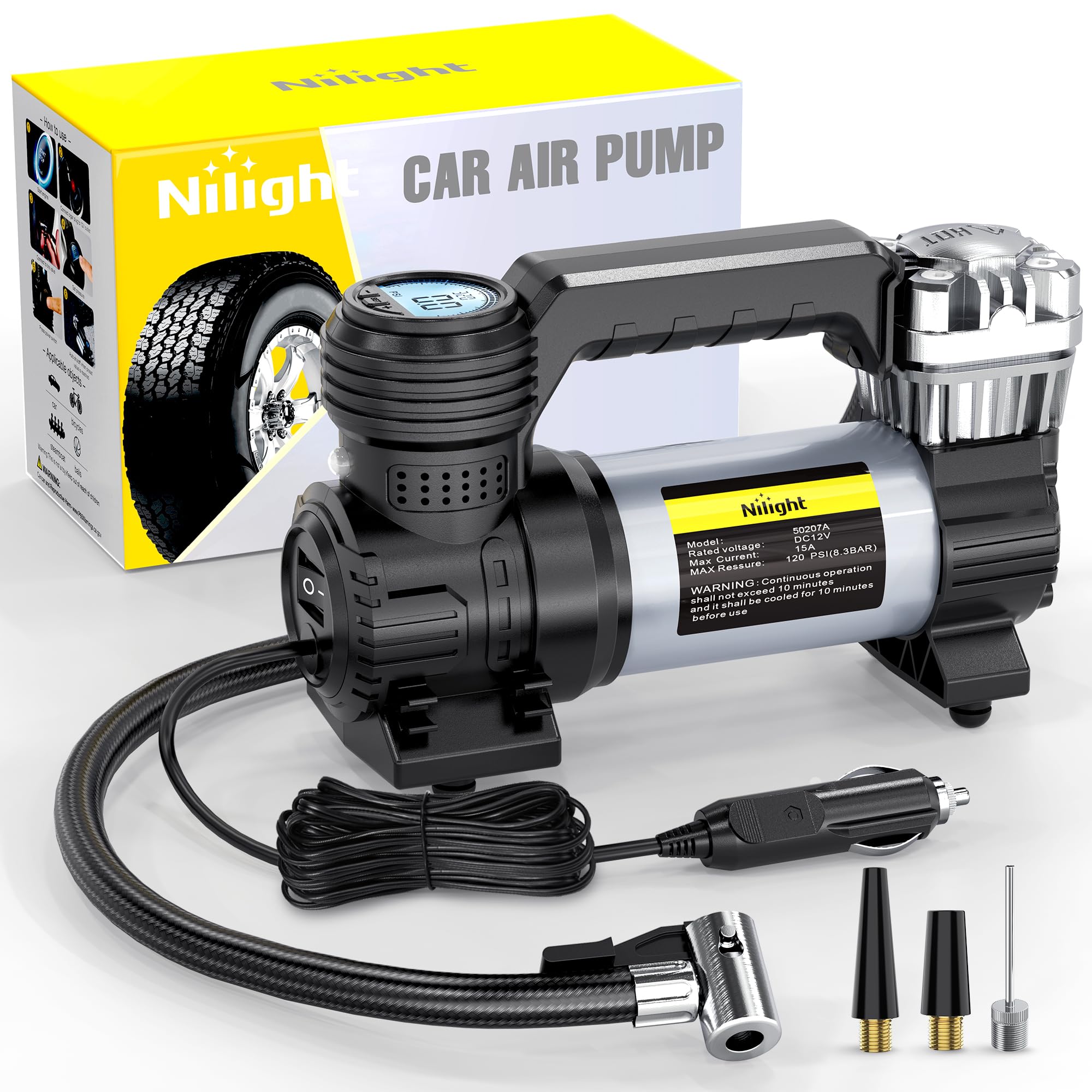Photo 1 of Nilight Portable Air Compressor Tire Inflator 12V Heavy Duty 120PSI Metal Pump Double Cylinder Digital Pressure Fast Inflate Auto Shutoff for Car SUV Motorcycle