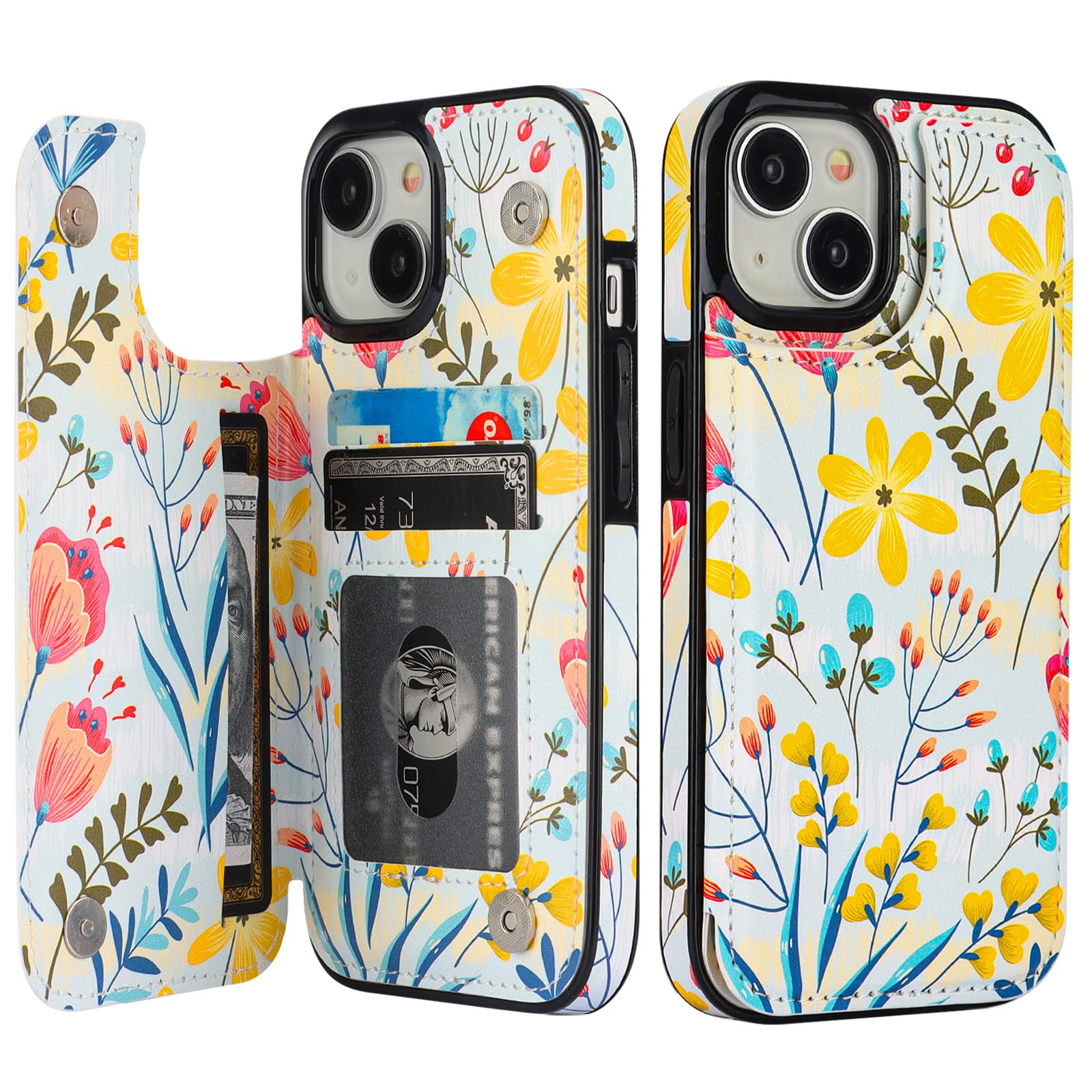 HAOPINSH for iPhone 15 Wallet Case with Card Holder, Floral Flower Pattern Back Flip Folio PU Leather Kickstand Card Slots Case for Women Girls, Double Magnetic Clasp Shockproof Cover 6.1"