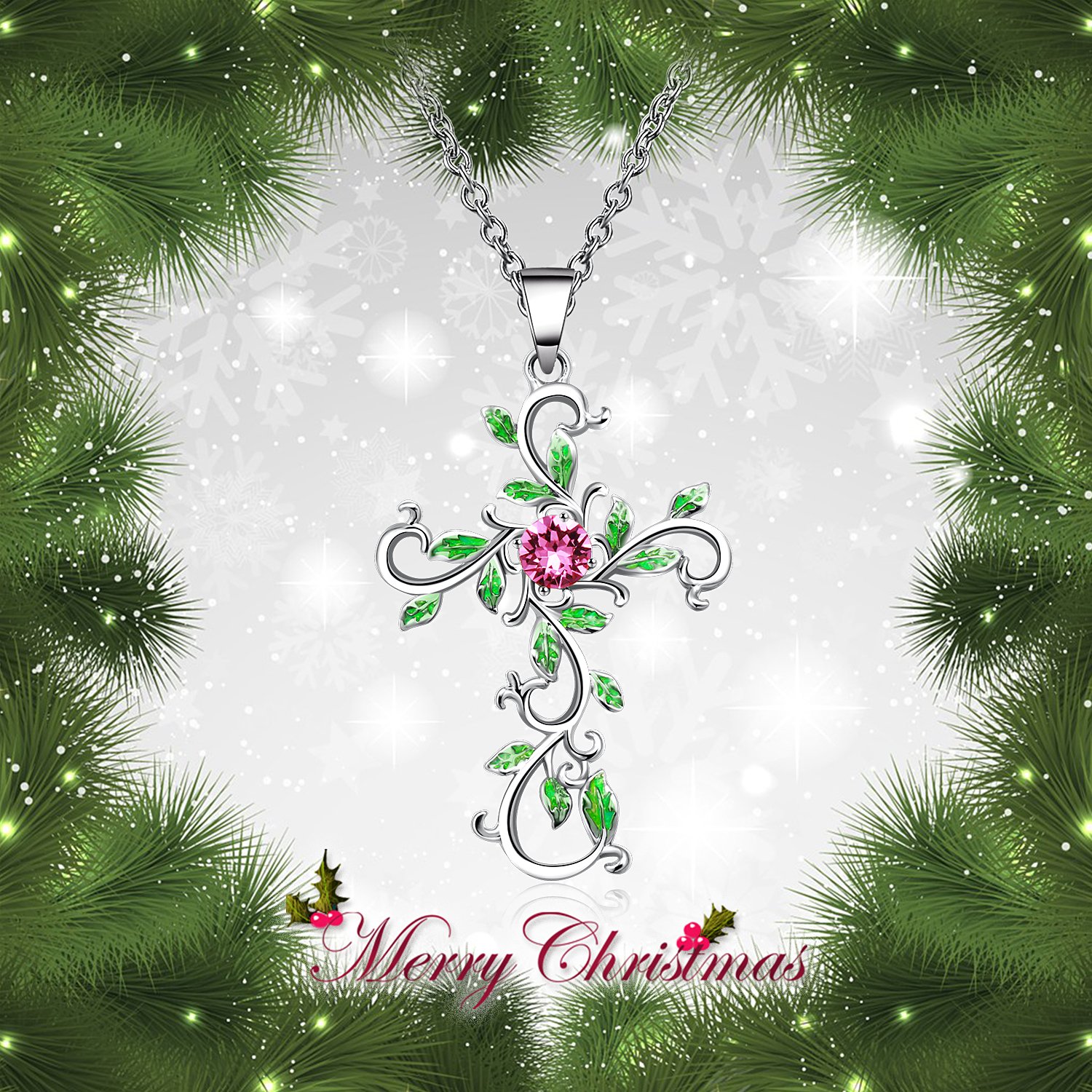 Angelady God We Trust Green Tree Women Cross Pendant Necklace Crucifix Chain for Women Girls Mother Moms Wife Girlfriend Gifts,Pink Crystal from Swarovski