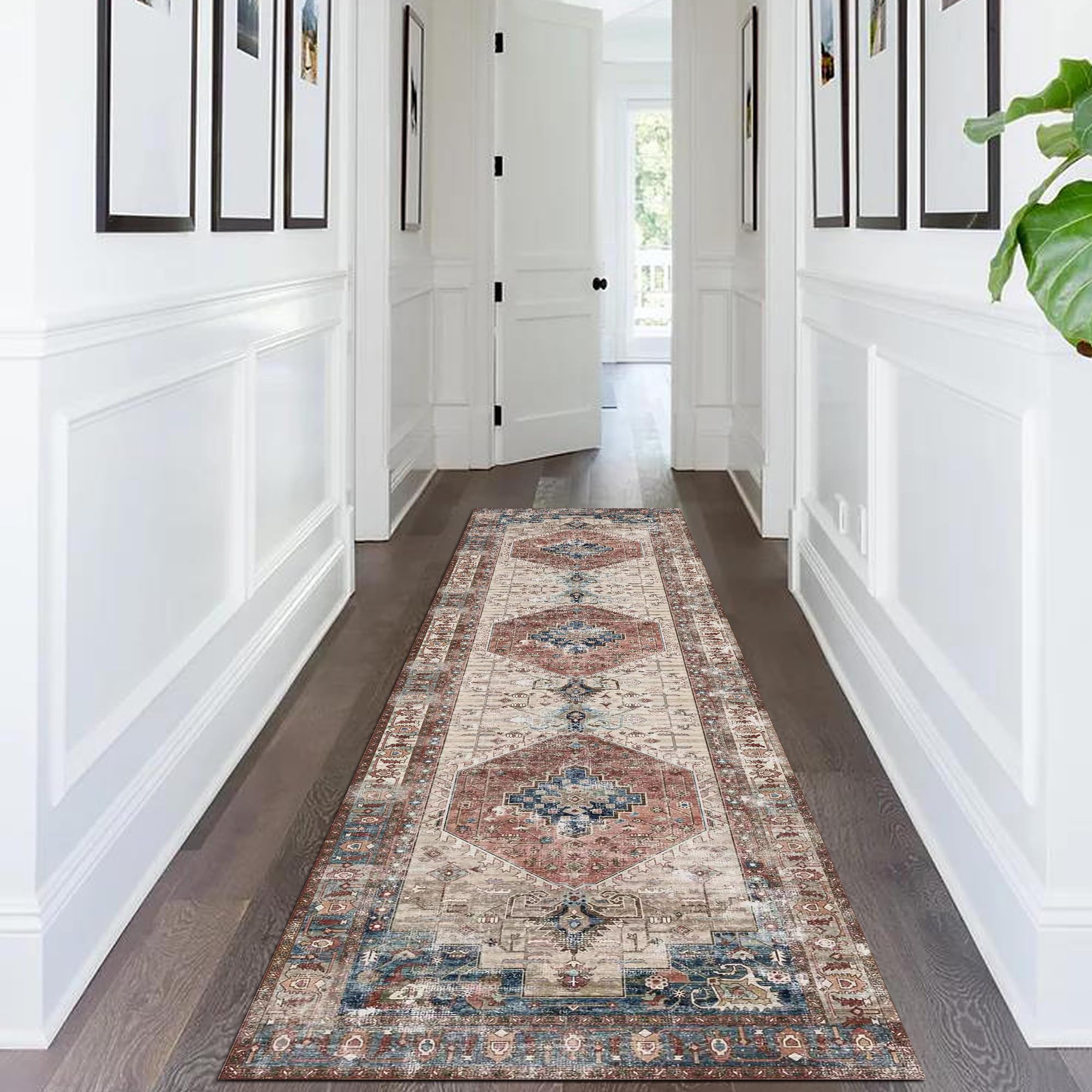 vivorug Runner Rug 2x10 Machine Washable Rug with Non-Slip Backing, Ideal for Kitchen Hallway Entryway Laundry Room - Vintage, Durable, Easy Clean, Low Pile Carpet Runner, Brown Image