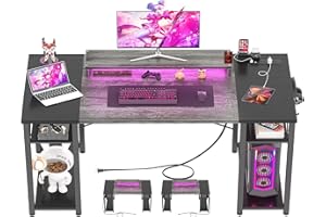 armocity Computer Desk with LED Lights, 48 Inch Reversible Large Desk with Power Outlet and USB, 48'' Gaming PC Table with Moveable Monitor Stand for Home Office, Workstation, Grey and Black