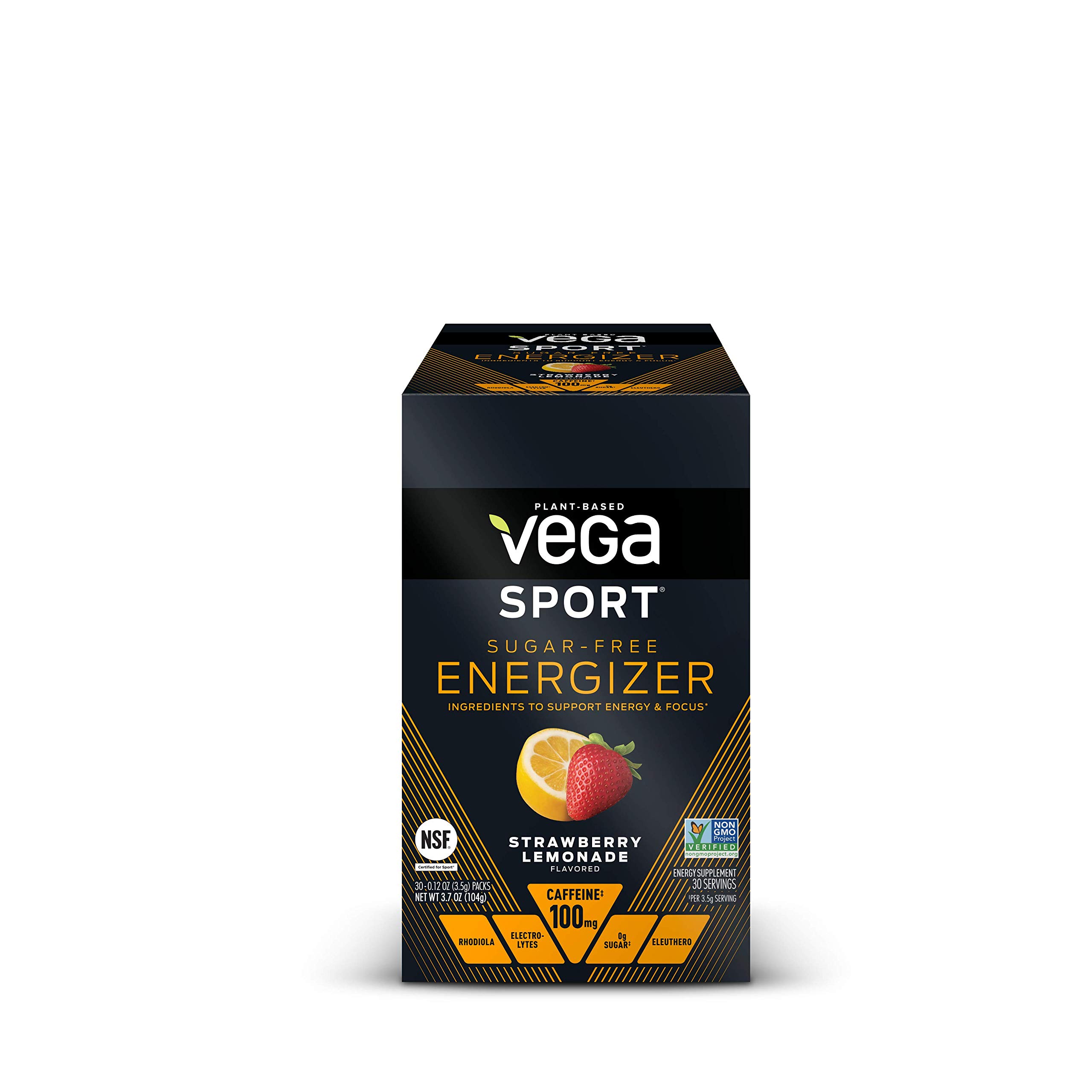 Vega Sport Sugar Free Energizer, Strawberry Lemonade - Vegan Certified, Keto-Friendly, Gluten Free, Dairy Free, Soy Free, Non GMO, Natural Pre Workout Powder (30 Single Serve Packets)