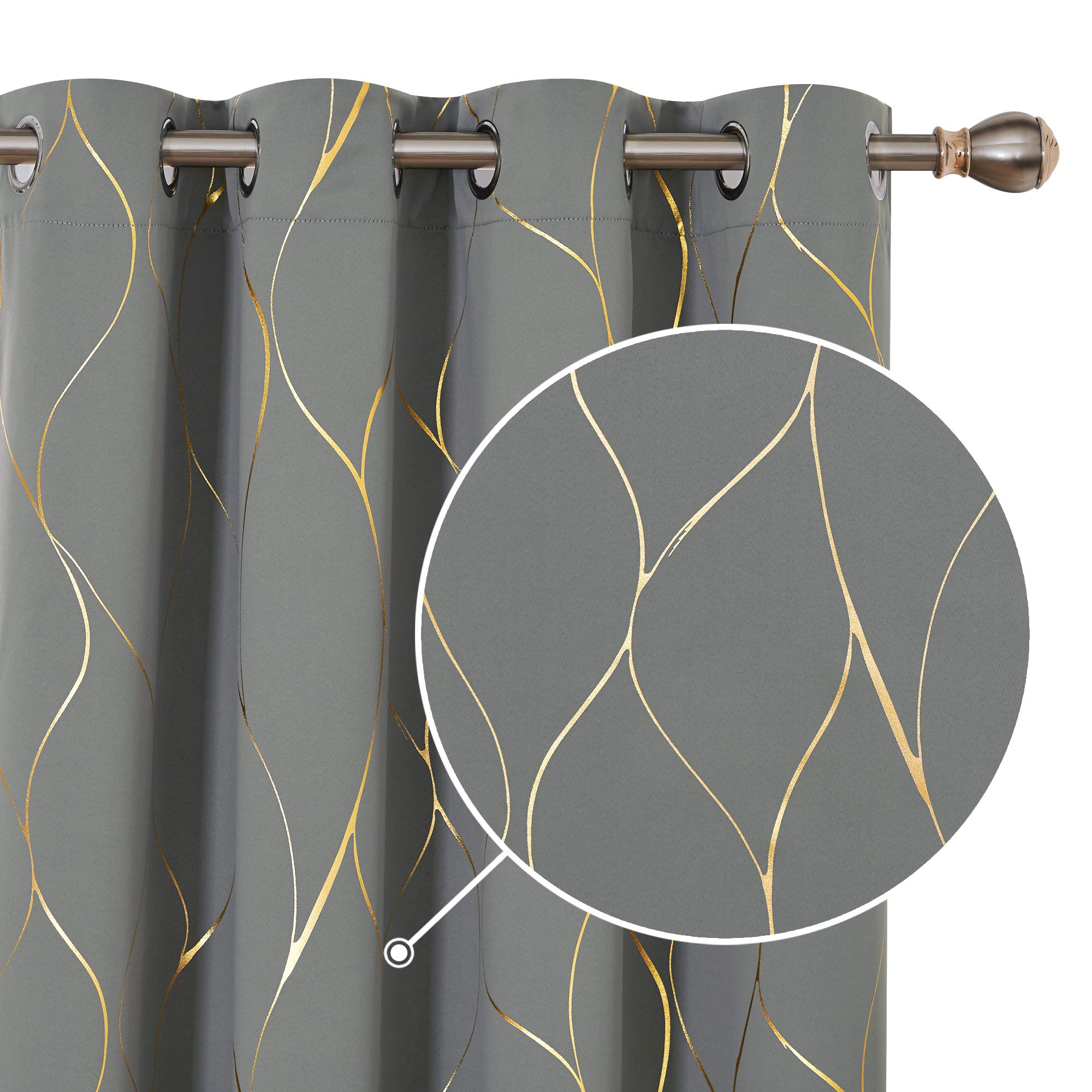 Deconovo Blackout Curtains, Ring Top Window Treatment Thermal Insulated Curtains, Gold Wave Foil Printed Curtains for Living Room, 52 x 90 Inch (Width x Length), Grey, One Pair