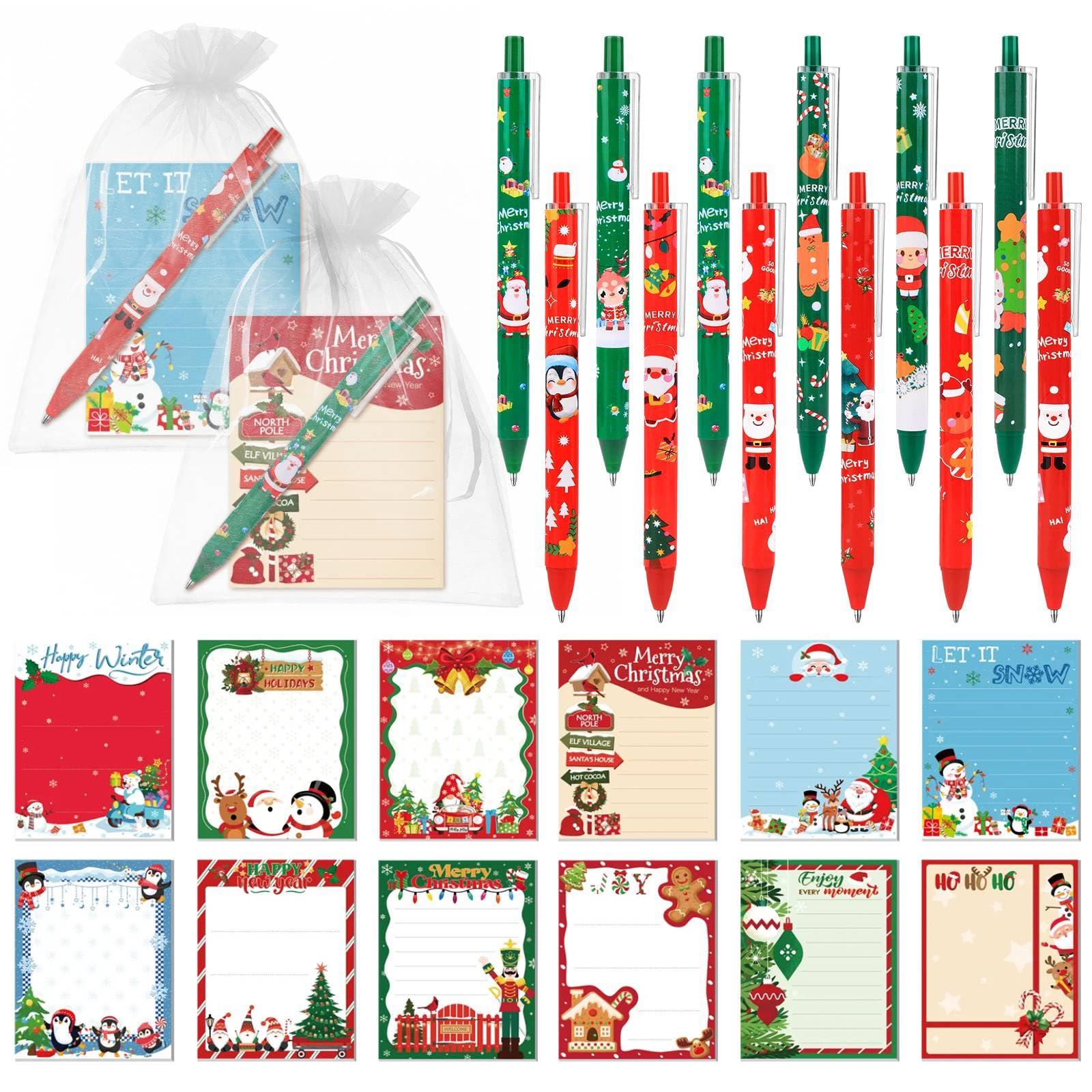 Photo 1 of 12 Sets Christmas Sticky Notes with Ballpoint Pens, Christmas Notepads Winter Memo Pad Bulk Christmas Gifts for Coworkers Holiday Decoration Party Favors Office Home Supplies