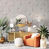 Arthouse Japanese Garden Grey Wallpaper Hand Drawn Trees Birds Pearlescent view 7