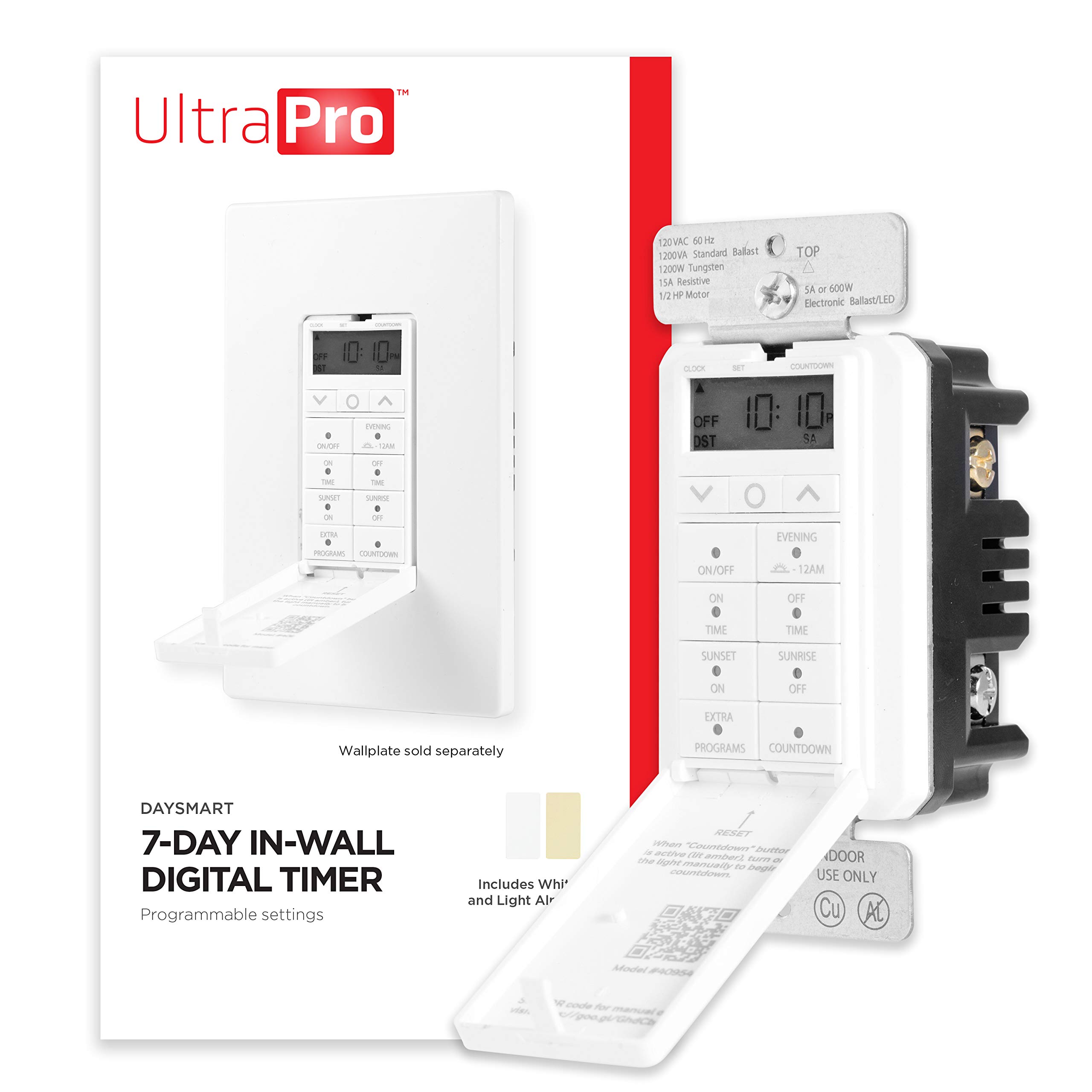 Photo 1 of UltraPro Daysmart 7-Day Digital In-Wall Timer, Presets/Countdown Timer, Programmable Settings, Override, Sunrise/Sunset, Light Timer for Indoor Lighting, Porch, Seasonal, LED, Timer Switch, 40954