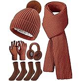 Geyoga 6 Pcs Winter Warm Set for Women Warm Beanies Hats Touchscreen Gloves Long Scarf Ear Muffs Socks Winter Gifts for Women
