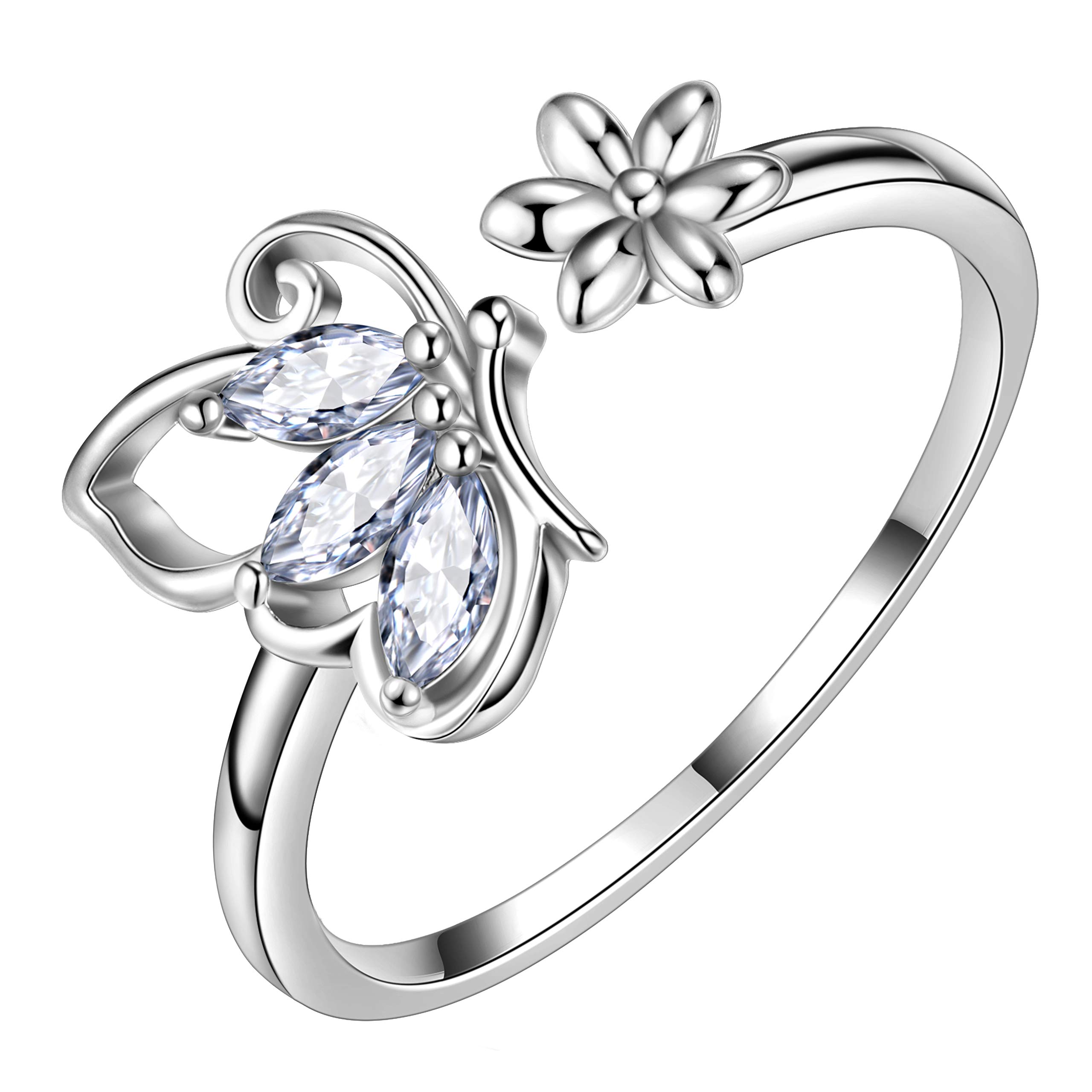 Aurora Tears Butterfly Adjustable Rings 925 Sterling Sliver April Birthstone White CZ Opening Ring Animals Jewelry Gift for Women and Girls DP0077W