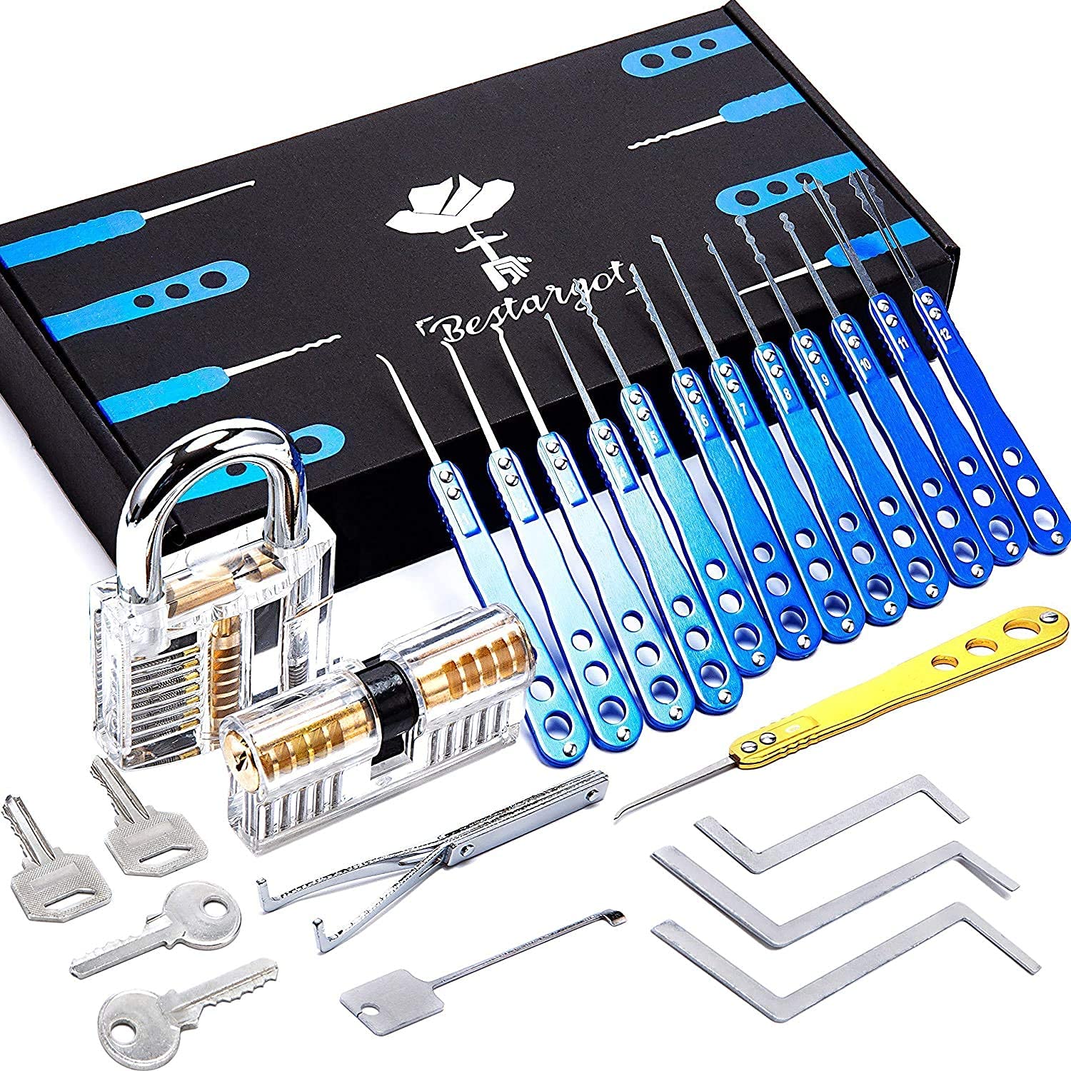 Bestargot® 25-Piece Lock Pick Set - Lockpicking Tool Set in Stainless Steel with 2 Padlocks, for Beginner Locksmiths and Pro, BSTPL01