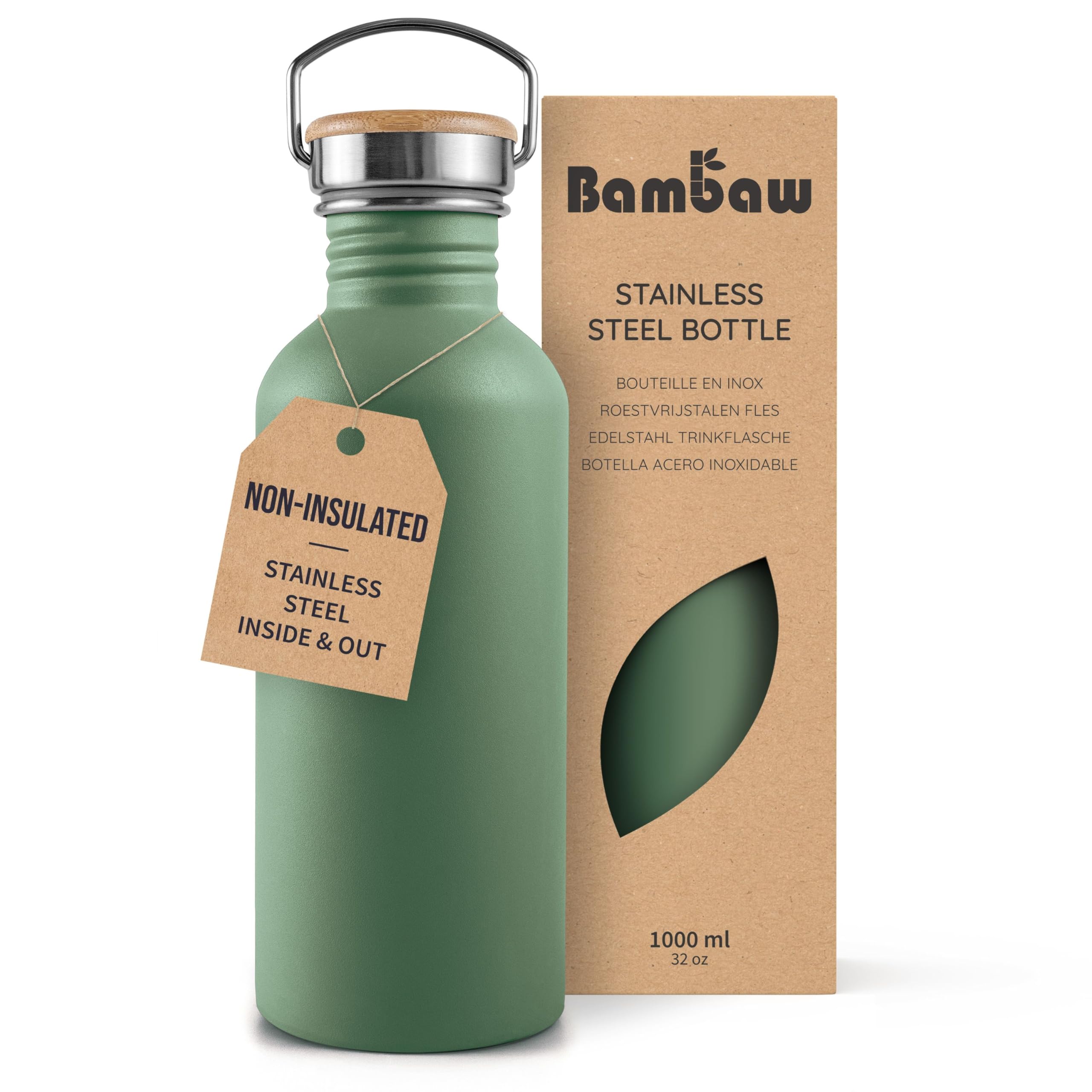 Bambaw Stainless Steel 1L Non-Insulated Water Bottle - Sage Green, BPA Free, Leakproof, Reusable