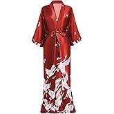 PRODESIGN Long Kimono Robe Satin Sleepwear Blouse Bathrobe Nightgown Silky Crane Kimono Cardigan Robe
