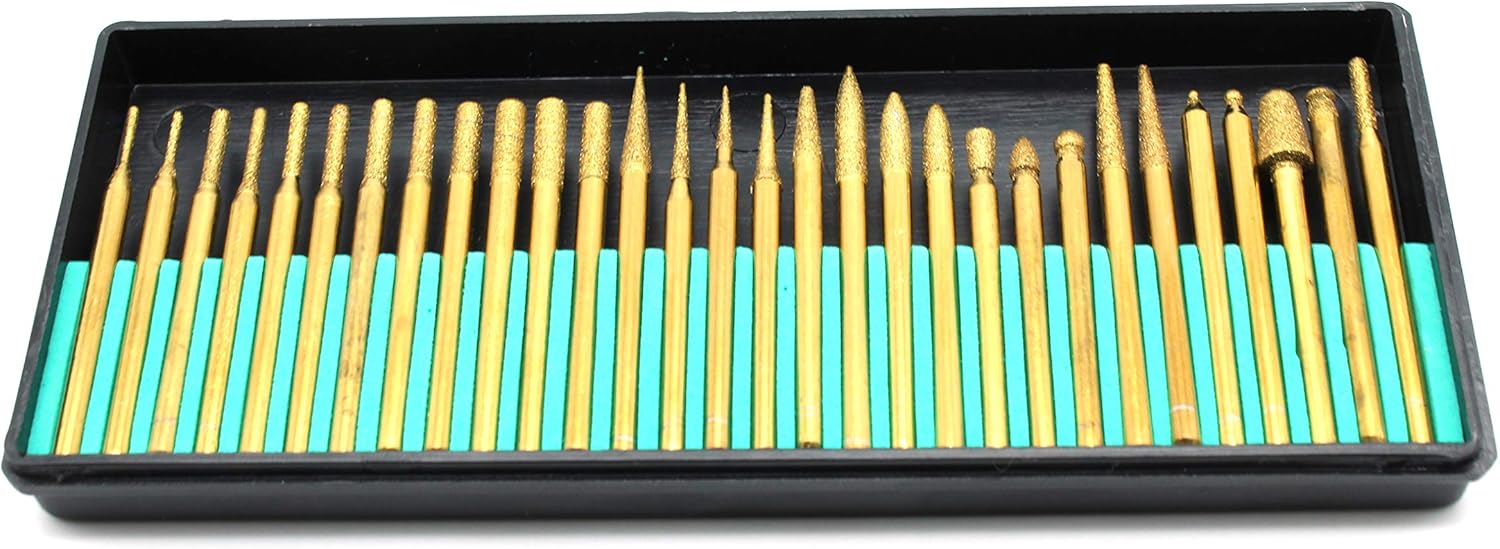 TEMO 30 pc Titanium Diamond Coated Burrs Glass Drill Bit Grit 120 Medium with 1/8 Inch (3 mm) Shank for Dremel and Rotary Tools