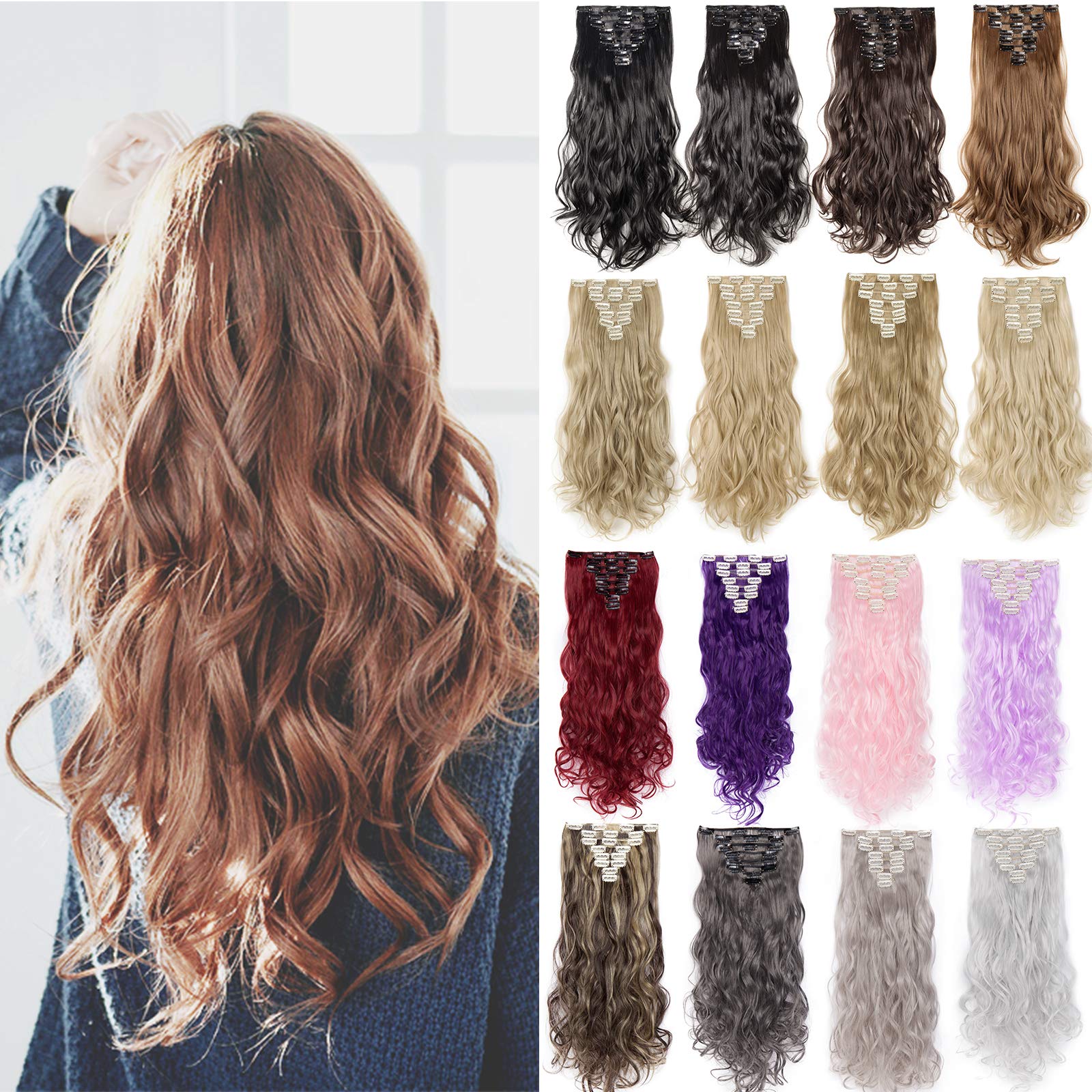 Clip in Hair Extensions Curly Wavy 8Pcs Hairpiece 100% Synthetic Hair Pieces 17inch for Full Head [140g; Light Brown]