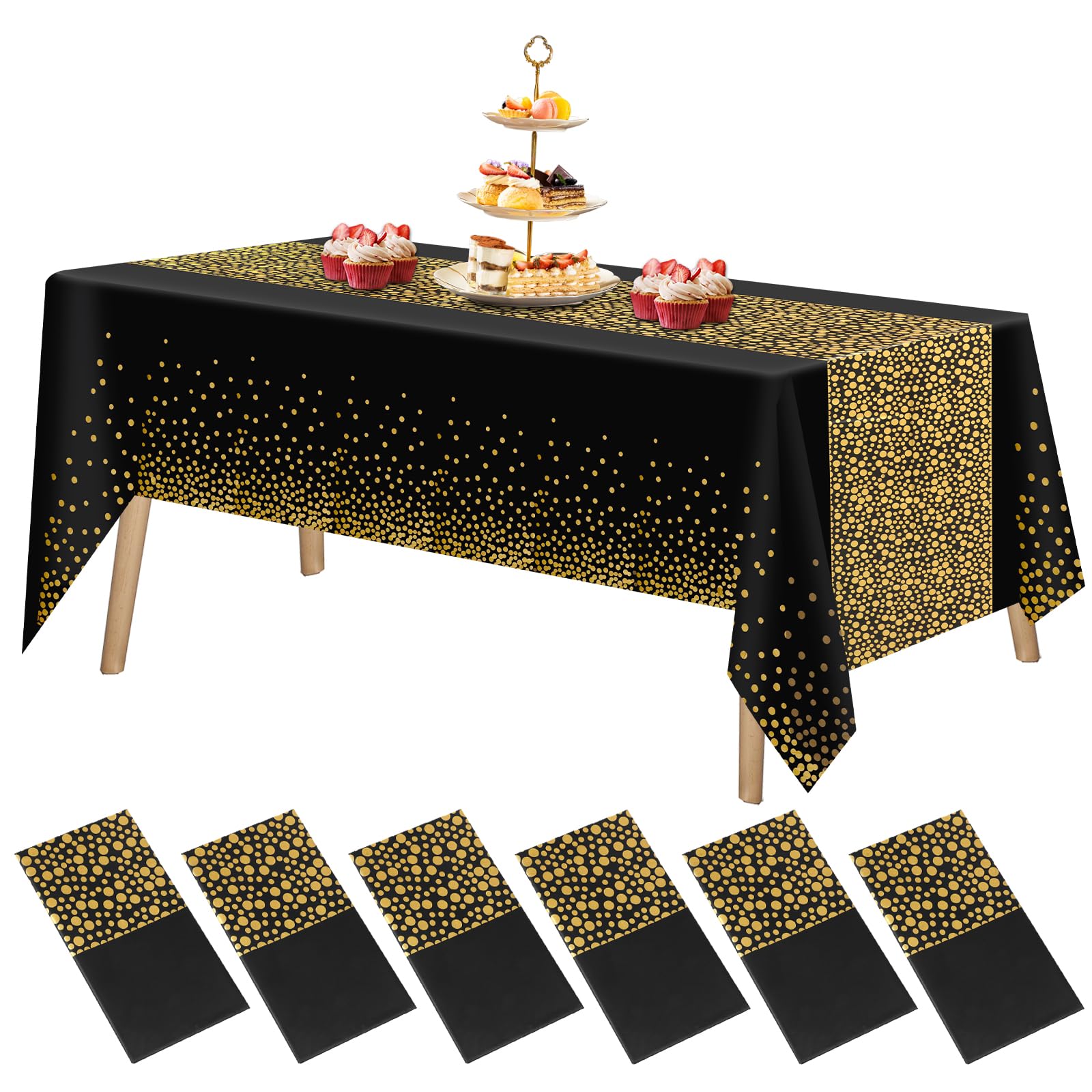 FUYOAL 6 Pieces Black and Gold Table Cloth, Dot Confetti Disposable Party Plastic Tablecloth Party Table Cover for Picnic Baby Shower Halloween Christmas(54" x 108")