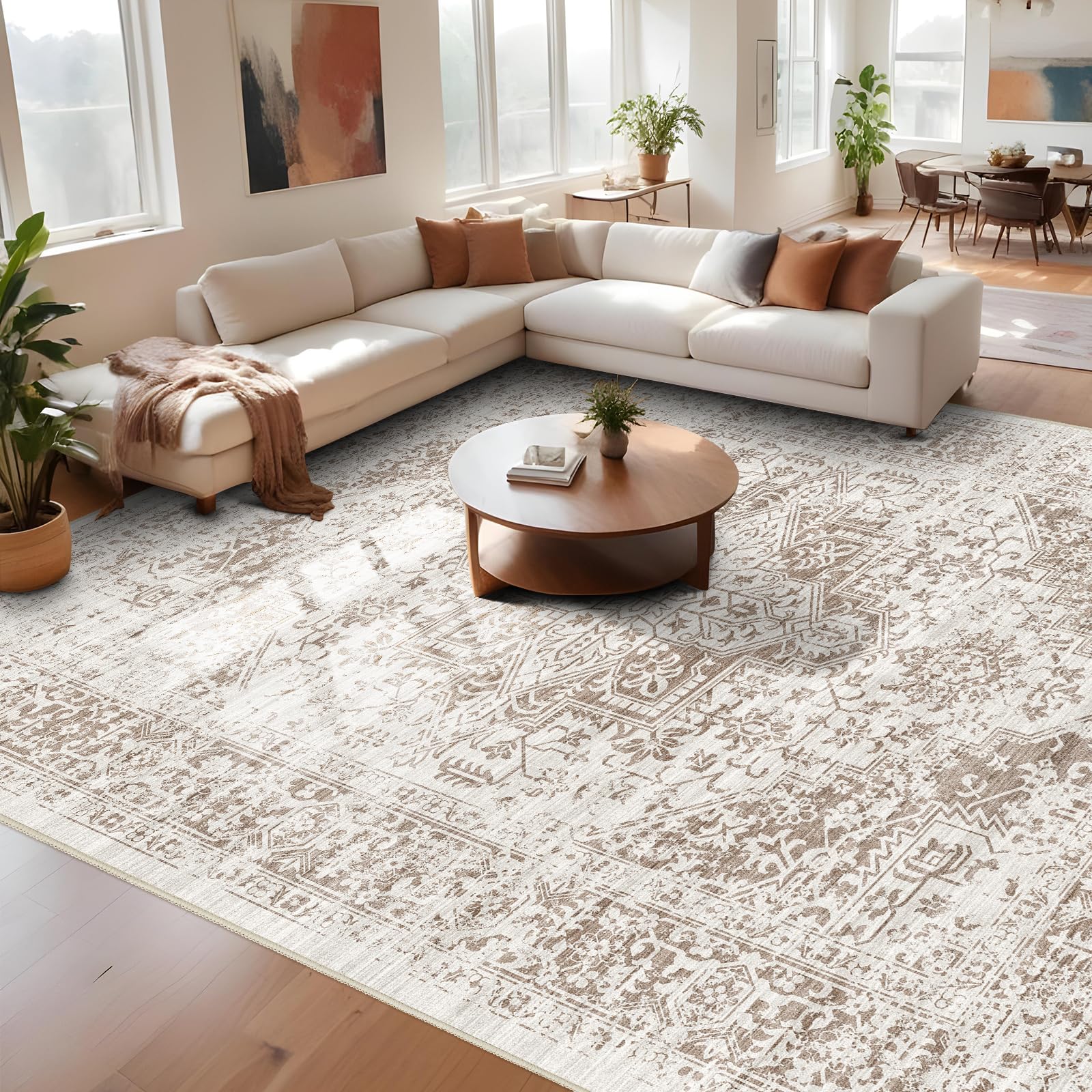 Photo 1 of EISUROM 9x12 Large Area Rug - Vintage Washable Rug for Living Room with Non-Slip Low-Pile Traditional Medallion Border Rugs with Stain Resistant Foldable Retro Indoor Thin Rug