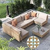 Grand patio 7-Piece Wicker Patio Furniture Set, Boho Outdoor Conversation Set Sectional Sofa with Water Resistant Thick Cushi